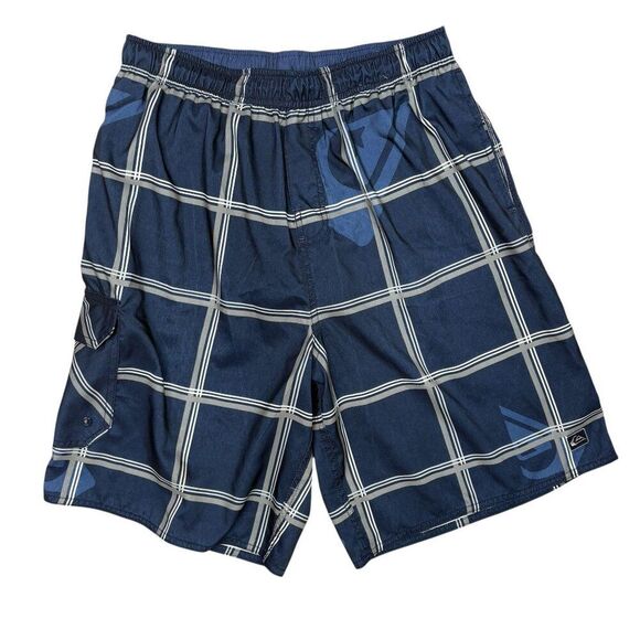 Quiksilver Navy Plaid Swim Trunks W/ Cargo Pocket Elastic Waist Size Medium - Picture 2 of 7